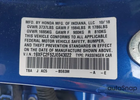 2018 Honda Civic Lx from USA, damaged, VIN 19XFC2F52JE043022